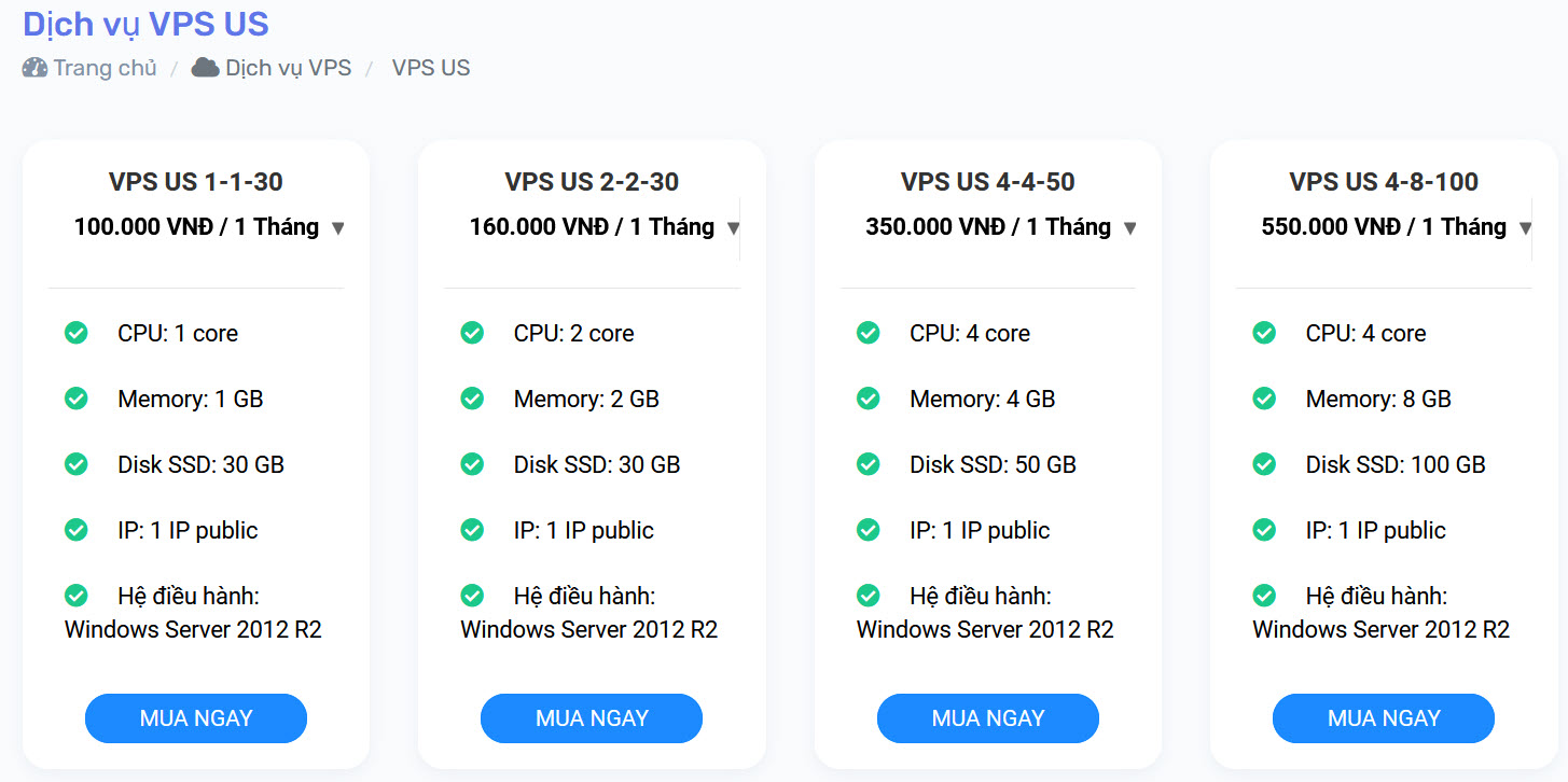 VPS US ở Hunacloud có nhiều cấu hình phù hợp với nhiều nhu cầu